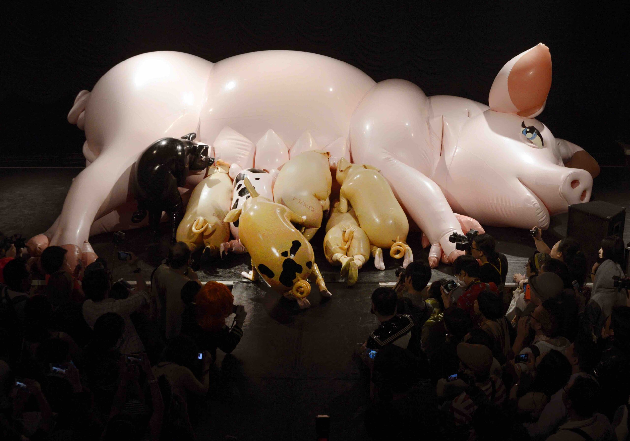 A giant latex sow is suckled by 6 latex piglets. 